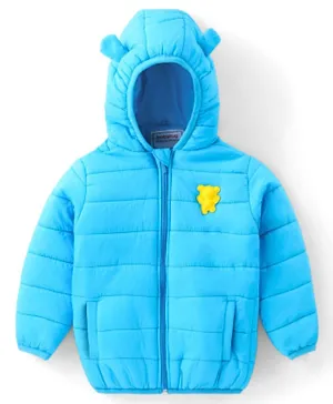 Babyhug Woven Full Sleeves Hoodie With Teddy Patch - Blue