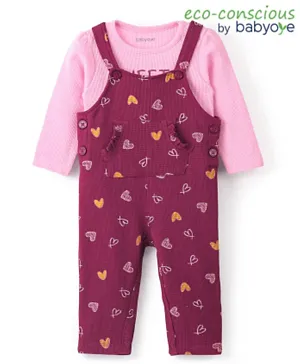 Babyoye Eco Conscious 100% Cotton Heart Printed Dungaree with Full Sleeves Inner Tee - Pink