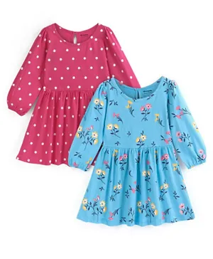 Honeyhap 2 Pack Premium Cotton Jersey Full Sleeves Frocks with Bio Finish Floral & Polka Dot Print - Purple & Light Blue