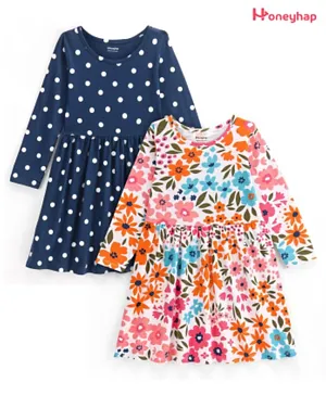 Honeyhap 2 Pack Premium Cotton Jersey Full Sleeves Frocks with Bio Finish Floral & Polka Dot Print - Navy Peony & White