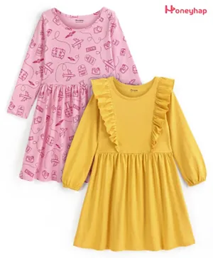 Honeyhap 2 Pack Premium Cotton Jersey Full Sleeves Frocks with Bio Finish Airplane Print - Pink & Yellow