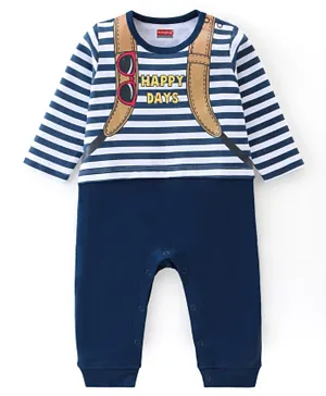 Babyhug 100% Cotton Interlock Knit Full Sleeves Romper Stripes & Sunglasses Print - Navy Blue