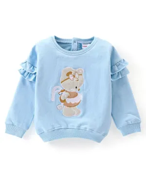 Babyhug Cotton Knit Full Sleeves Sweatshirt with Graphic Applique & Frill Detailing - Light Blue