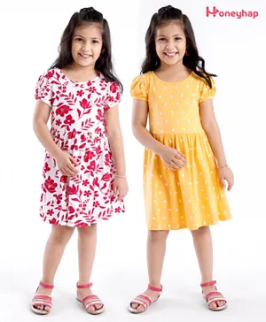 Honeyhap Premium Cotton Jersey Half Sleeves Floral Printed Frocks with Bio Finish Pack of 2 - Banana & White