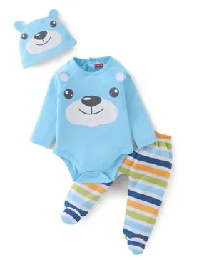 Babyhug 100% Cotton Full Sleeves Bear Print Onesies With Leggings & Cap - Blue