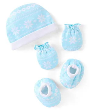 Babyhug  100% Cotton Knit Cap Mittens & Booties Floral Print Blue - Diameter 9 cm