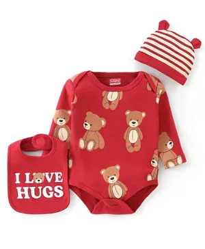 Babyhug 100% Cotton Full Sleeves Onesies With Cap & Bib Teddy Print - Red