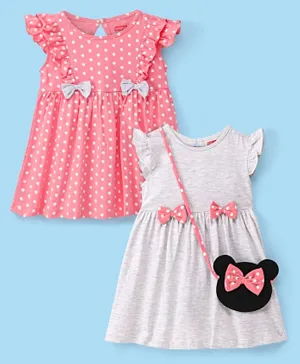 Babyhug 2 Pack Cotton Knit Half Sleeves Frocks Polka Dots Printed with Bow Applique with Bag - Pink & Grey