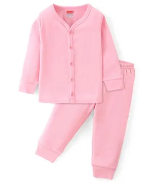 Babyhug Cotton Full Sleeves Front Open Thermal Vest & Pants - Pink