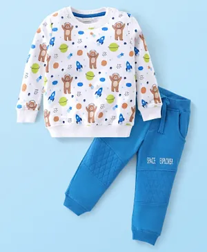 Babyhug Full Sleeves Bear Print T-Shirt & Pants Set - White & Blue