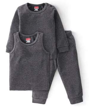 Babyhug Full Sleeves Solid Thermal Vest Sando & Pajama Set - Dark Grey