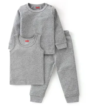 Babyhug Cotton Full Sleeves Solid Color Vest Pullover & Bottom Thermal Wear Combo Pack Of 3 - Light Grey