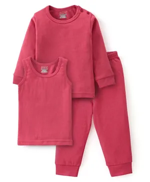 Babyhug Cotton Full Sleeves Pullover Vest & Pant Solid Color Thermal Wear  - Coral
