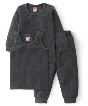 Babyhug Full Sleeves Solid Textured Thermal Vest Sando & Pajama Set - Dark Grey