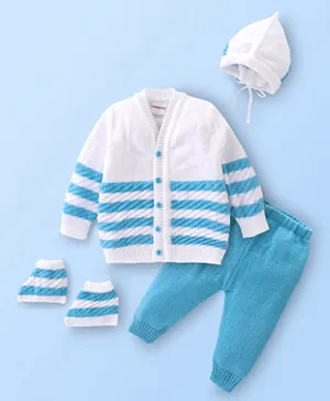 Babyhug Cotton Knit Full Sleeves Sweater Set With Cap & Booties Stripes Design- White & Blue