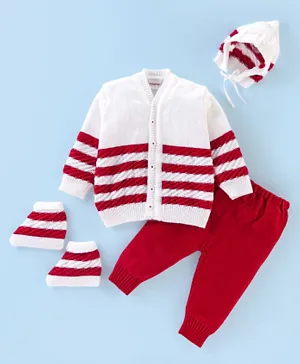 Babyhug Acrylic Full Sleeves Sweater Set Striped - Red & White