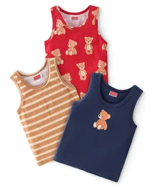 Babyhug 100% Cotton Single Jersey Knit Sando Stripes & Teddy Print Pack of 3 - Brown Navy Blue & Orange