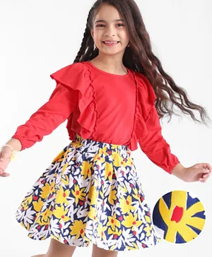Ollington St. Frill Full Sleeves Top with Floral Printed Skirt - Red & Multicolor