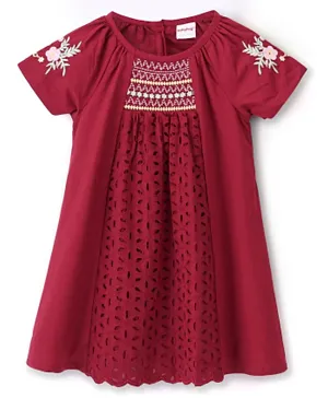 Babyhug 100% Cotton Poplin Short Sleeves Schiffli Dress with Floral Embroidery - Red
