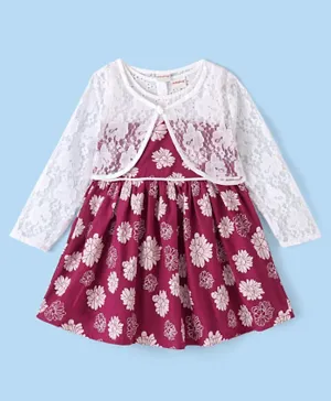 Babyhug Cotton Woven Sleeveless Frock With Knit Shrug Floral Print - Maroon & White