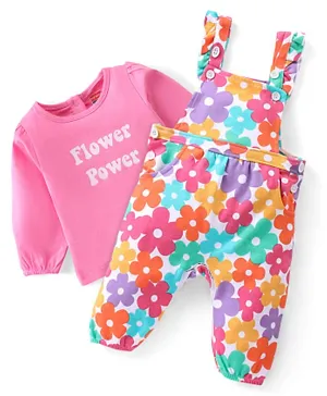 Babyhug 100% Cotton Knit Floral Printed Dungaree with Full Sleeves Inner Tee - Pink