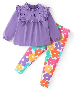 Babyhug 100% Cotton Knit Full Sleeves Top & Leggings With Floral Print - White & Purple