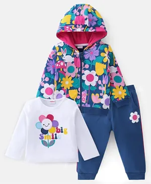 Babyhug 100% Cotton Full Sleeves Hooded Jacket & Lounge Pants With T-Shirt Floral Print - Navy Blue