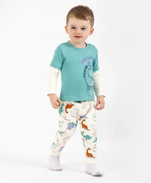Bonfino 100% Cotton Knit Full Sleeves T-Shirt & Jogger Set With Dino Print & Embroidery - Mint & Offwhite