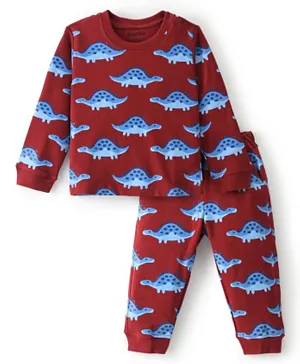 Bonfino 100% Cotton Knit Full Sleeves T-Shirt & Jogger Set With Dino Print - Maroon
