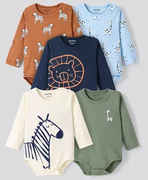 Bonfino 100% Cotton Full Sleeves Onesies Animals Print Pack of 5 - Green Navy Blue Brown & Off White