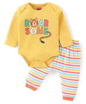 Babyhug 100% Cotton Full Sleeves Tiger Printed Onesie with Striped Pants - Yellow