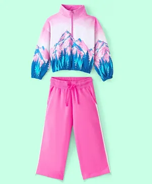 Ollington St. 100% Cotton Looper Full Sleeves Winter Wear Sweatjacket & Pants Set Mountain Print - Pink & Navy