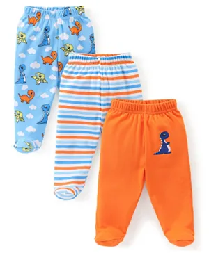 Babyhug Cotton Full Length Bootie Leggings Stripes & Dino Print Pack Of 3- Blue & Orange