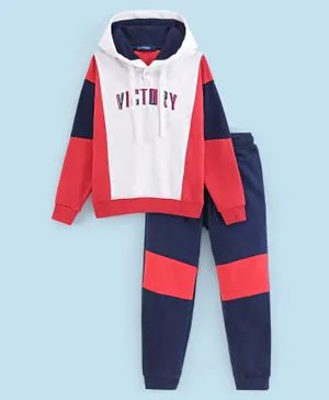 Honeyhap Premium Cotton Lightweight Terry Full Sleeves Text Printed Hooded Sweatshirt & Lounge Pant Sets with Bio Finish - High Risk Red & Navy Peony