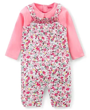 Babyhug Single Jersey Cotton Knit Dungaree with Full Sleeves Inner Tee Floral Print - Peach