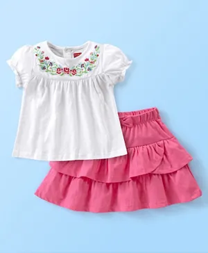 Babyhug 100% Cotton Knit Half Sleeve Top and Skirt Set Floral Embroidery - Pink & White