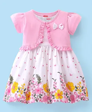 Babyhug 100% Cotton Knit Half Sleeves Shrug & Frock With Floral Print - Pink & White