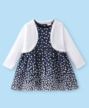 Babyhug 100% Cotton Knit Frock & Full Sleeves Shrug With Butterfly Print - Navy Blue & White