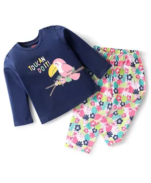 Babyhug Cotton Knit Full Sleeves Night Suit With Tropical Toucan Print - Multicolor