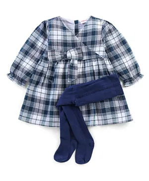 Babyhug Cotton Knit Full Sleeves Frock With Yarn Dyed Checks & Stocking - Navy Blue