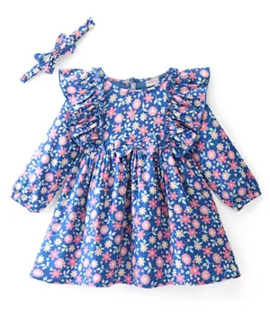 Babyhug Rayon Full Sleeves  Floral Printed Dress with Frill Detailing & Headband - Navy Blue