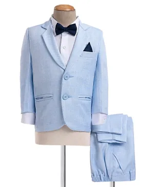 Babyhug Woven Full Sleeves Textured Party Suit with Bow Tie - White & Blue