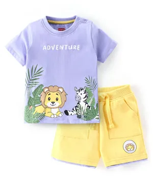 Babyhug Cotton Knit Half Sleeves T-Shirt And Shorts With Jungle Print - Yellow & Purple