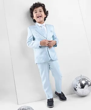 Babyhug Woven Full Sleeves Brocade Design Party Suit with Tie - White & Light Blue