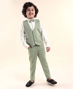 Babyhug Woven Full Sleeves Stretch Fit Party Suit With Waist Coat & Bow - Green & White