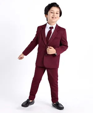 Babyhug Full Sleeves 3 Piece Stretch Party Suit with Tie - Maroon