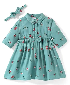 Babyhug Rayon Full Sleeves Floral Printed Frock with Hairband & Bow Applique - Blue