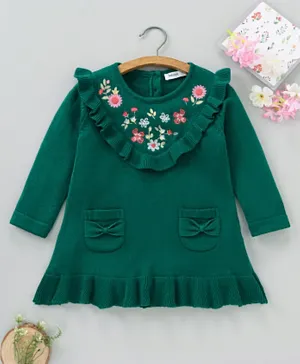 Babyoye Eco Conscious 100% Cotton Solid Full Sleeves Sweater Frock with Floral Embroidery - Green