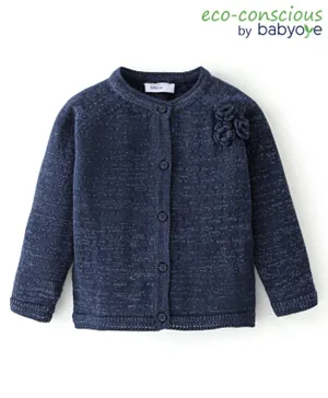 Babyoye Eco Conscious 100% Cotton Knit Full Sleeves Solid Colour Sweater With Floral Corsage Design - Navy Blue