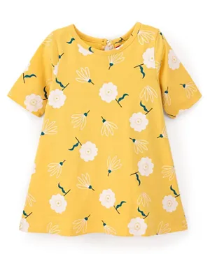 Babyhug Cotton Knit Half Sleeves Floral Printed Nighty - Yellow